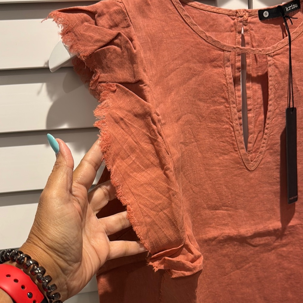 Krisa 100% linen Flutter Sleeve Blouse with side Ruffles and cut out front. - Picture 4 of 8